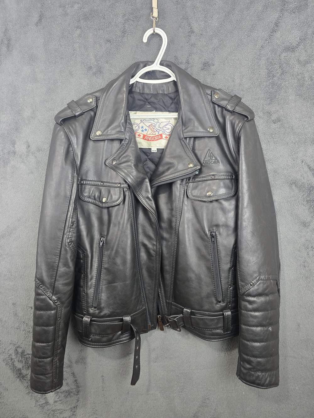 Angora Black Leather Bomber-Style Motorcycle Jacket